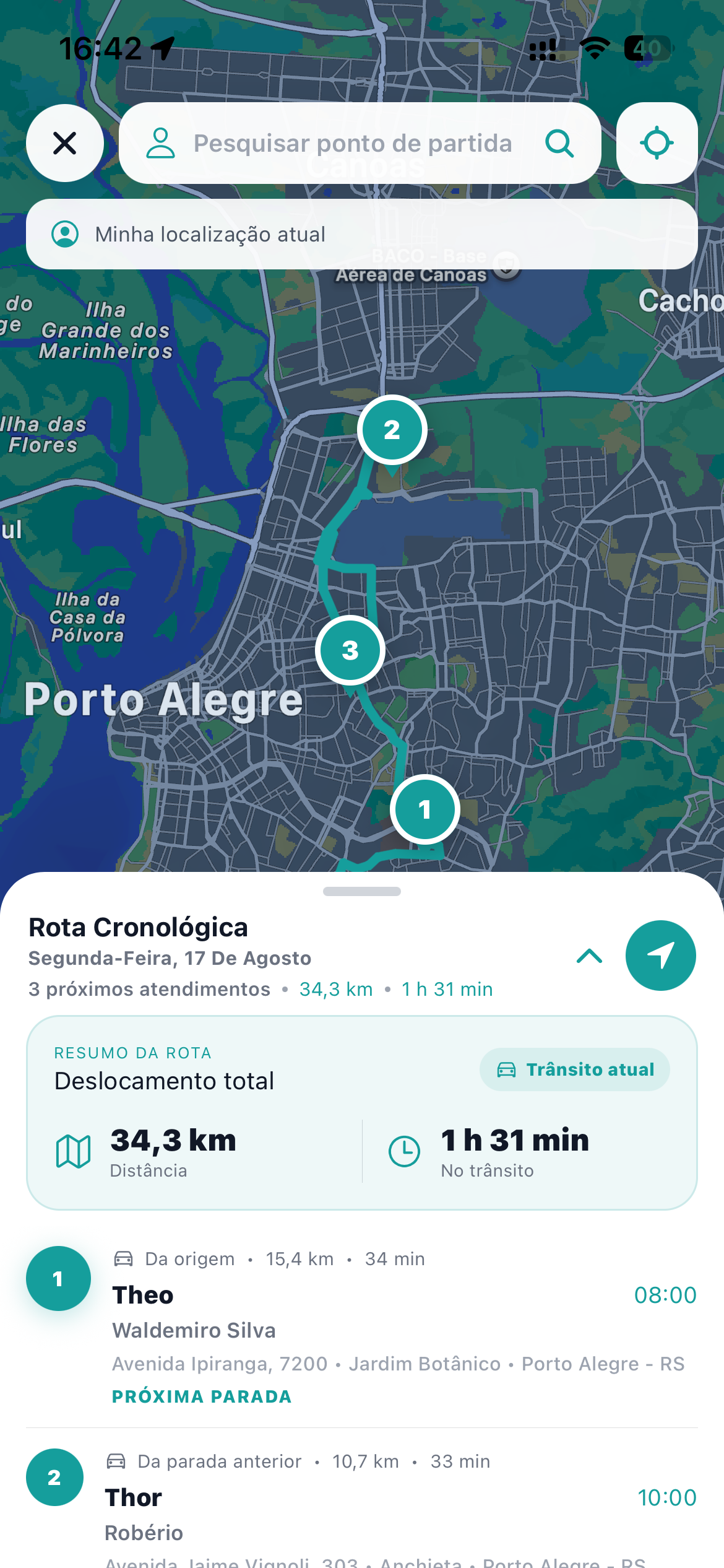Planejamento da rota diária no aplicativo FisioVet